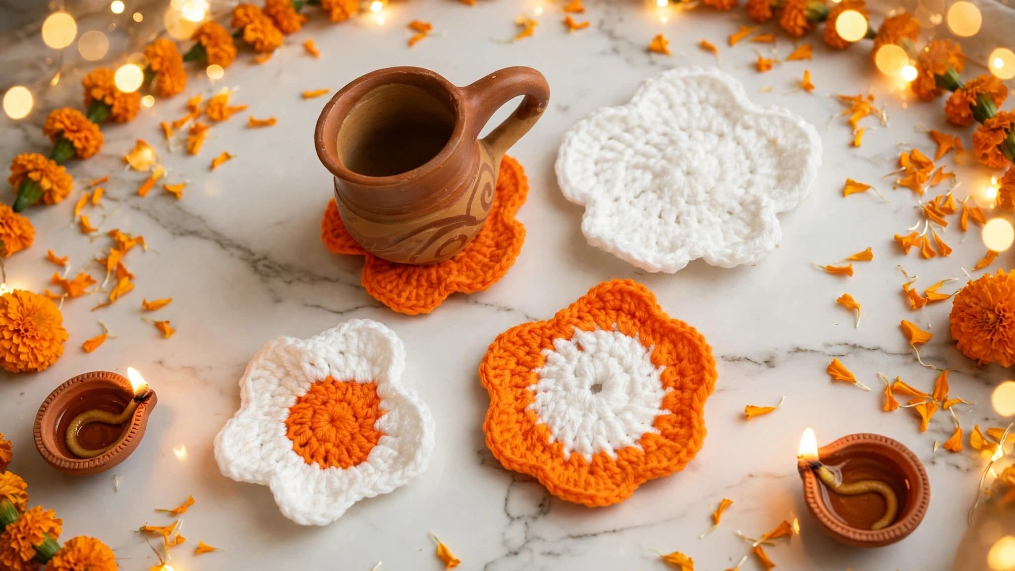Crochet Flower Coasters Set of 3 - Handmade Orange White Coasters — view 1